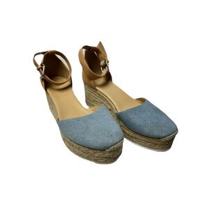 Nine West Ariela Denim Espadrille Wedge Sandals 8M Blue Tan Boho Cottagecore